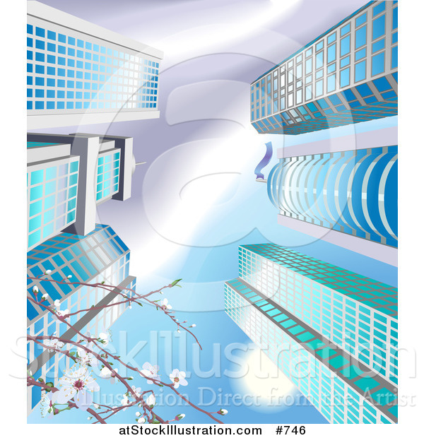 Vector Illustration of Glass Skyscrapers and Blossoms in a City