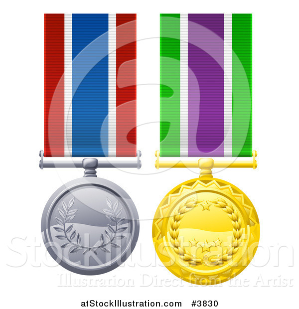 Vector Illustration of Gold and Silver Military Style Medals on Striped Ribbons