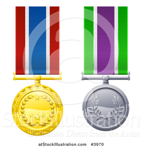 Vector Illustration of Gold and Silver Star and Wreath Medals on Ribbons