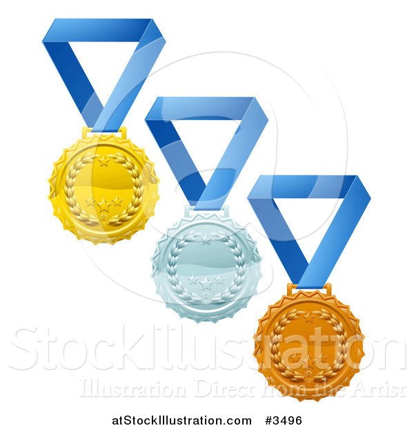 Vector Illustration of Gold Silver and Bronze Laurel Award Medals on Blue Ribbons