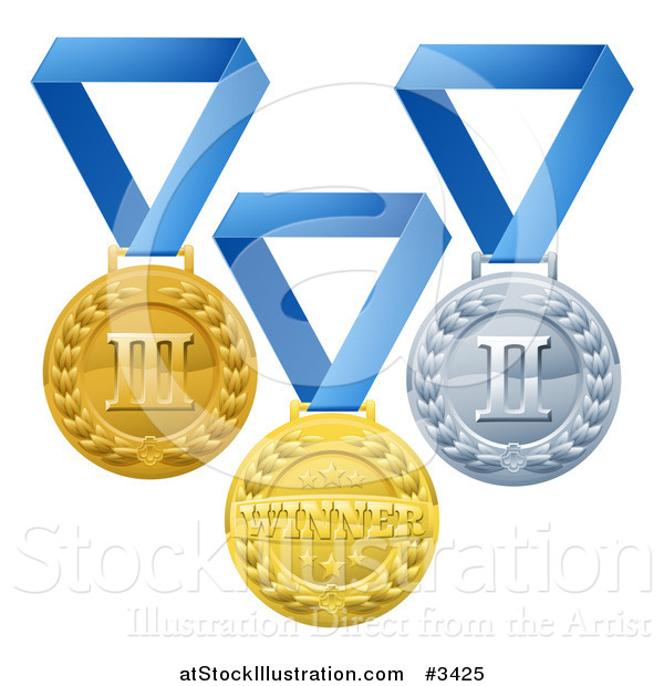 Vector Illustration of Gold Silver and Bronze Placement Award Medals on Blue Ribbons