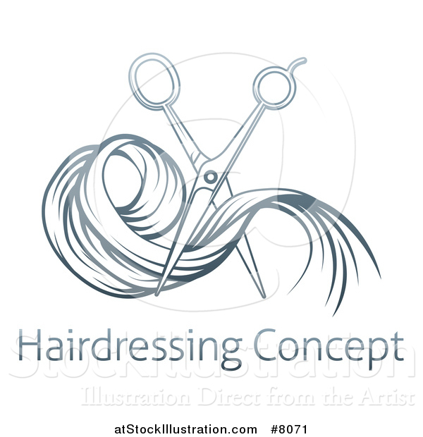 Vector Illustration of Gradient Blue Scissors Cutting Hair over Sample Text