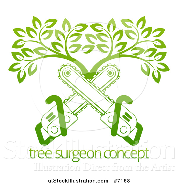 Vector Illustration of Gradient Green Crossed Chainsaws and a Tree over Sample Text