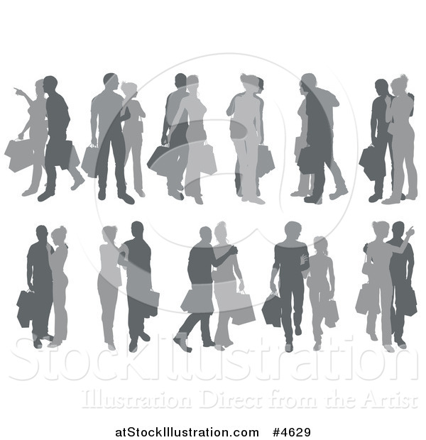 Vector Illustration of Grayscale Silhouetted Couples Shopping
