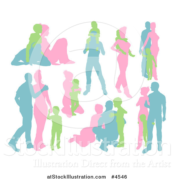 Vector Illustration of Green Blue and Pink Silhouetted Families