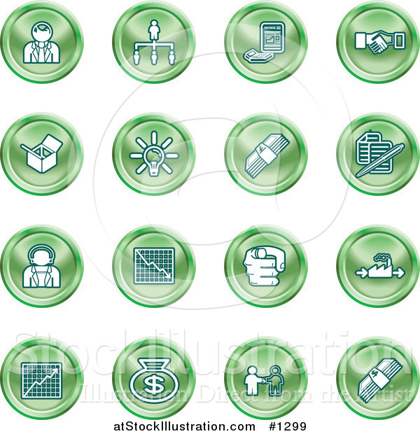 Vector Illustration of Green Business Icons: Business People, Management, Hand Shake, Lightbulb, Cash, Charts, and Money Bags