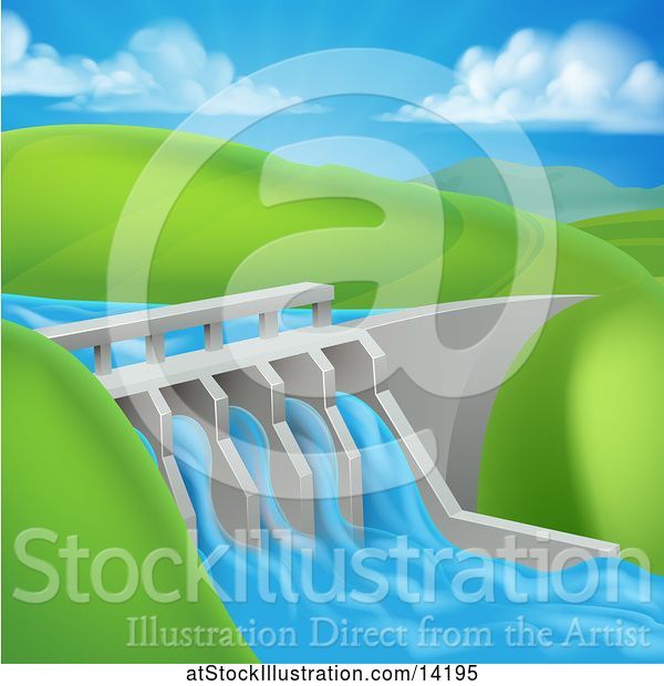 Vector Illustration of Green Energy Hydroelectric Dam in a Hilly Landscape