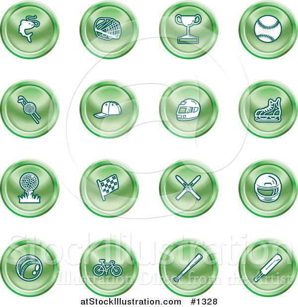 Vector Illustration of Green Fishing, Hockey, Trophy, Baseball, Golfing, Racing, Ice Skating, Skiing, Cricket, and Cycling Sports Icons