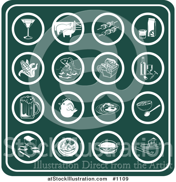 Vector Illustration of Green Food Icons Including a Martini, Pigs on a Farm, Shish Kebobs, Orange Juice, Corn, Fish, Picnic Basket, Wine, Beer, Chicken, Breakfast, Grapefruit, Bread, Dinner, Hamburger and Cheese