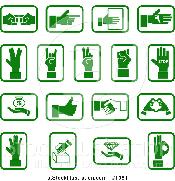Vector Illustration of Green Hand Icons with Sign Language, Money, and Diamonds, over a White Background