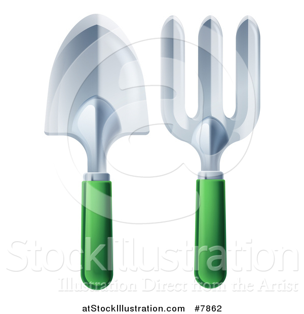 Vector Illustration of Green Handled Garden Fork and Trowel Tools