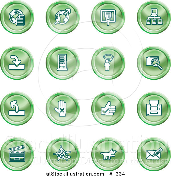 Vector Illustration of Green Icons: Www, Connectivity, Networking, Upload, Downloads, Computers, Messenger, Printing, Clapperboard and Email