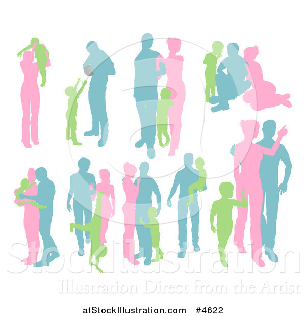 Vector Illustration of Green Pink and Blue Silhouetted Parents with Young Children