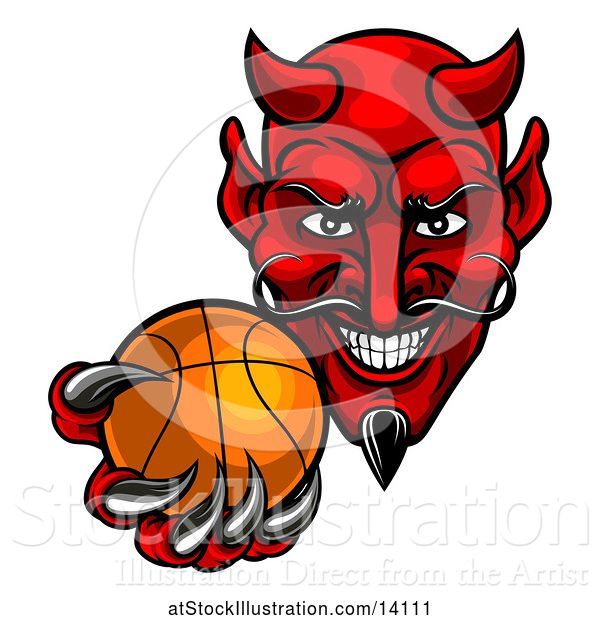 Vector Illustration of Grinning Evil Red Devil Holding out a Basketball in a Clawed Hand