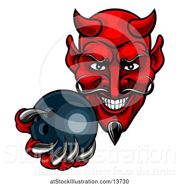 Vector Illustration of Grinning Evil Red Devil Holding out a Bowling Ball in a Clawed Hand