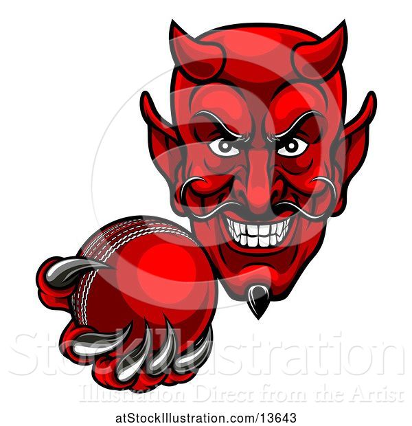 Vector Illustration of Grinning Evil Red Devil Holding out a Cricket Ball in a Clawed Hand