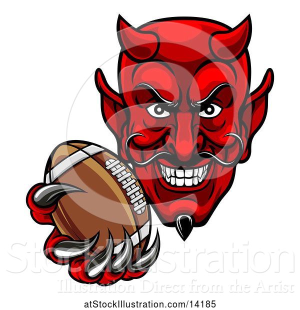 Vector Illustration of Grinning Evil Red Devil Holding out a Football in a Clawed Hand