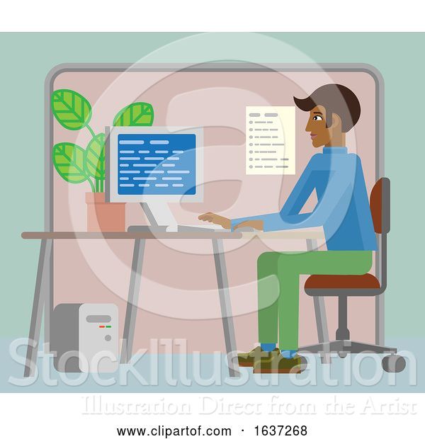 Vector Illustration of Guy Working at Desk in Office