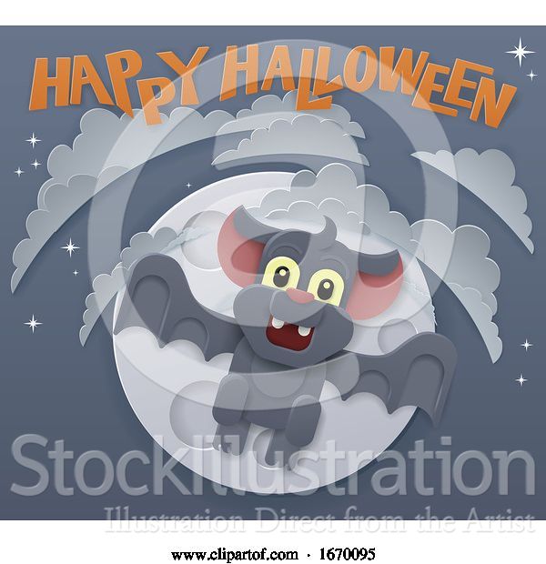 Vector Illustration of Halloween Cute Vampire Bat Flying in Front of Moon