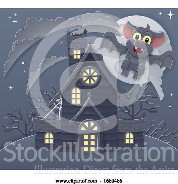 Vector Illustration of Halloween Haunted House and Bat Scene