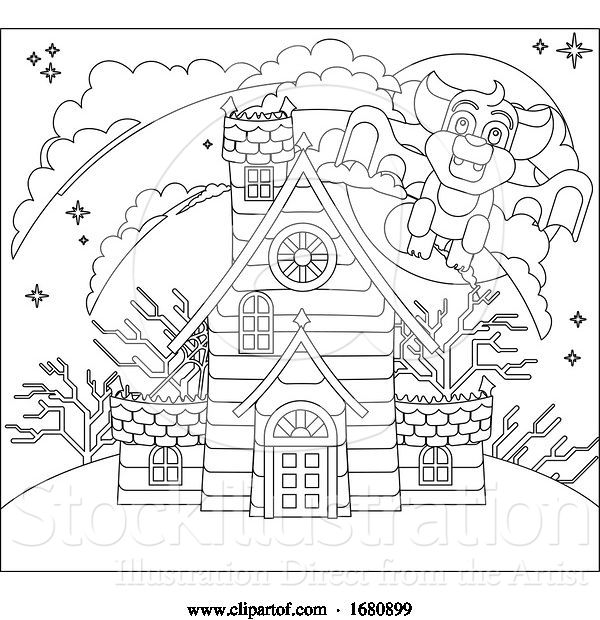 Vector Illustration of Halloween Haunted House and Bat Scene