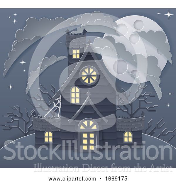 Vector Illustration of Halloween Haunted House Scene