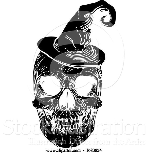 Vector Illustration of Halloween Skull in Witch Hat