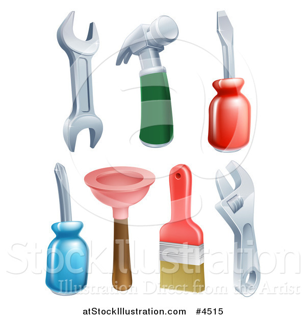 Vector Illustration of Hammer Wrenches Screwdrivers Plunger and Paintbrush