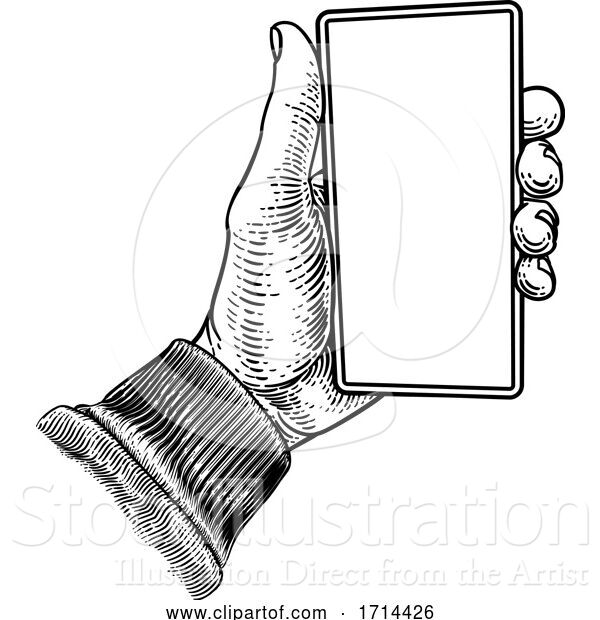 Vector Illustration of Hand Holding Mobile Phone Vintage Style