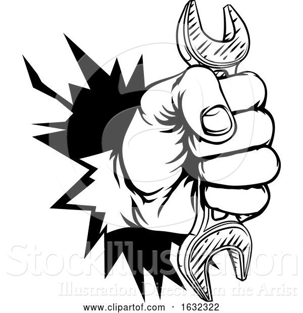 Vector Illustration of Hand Holding Spanner Wrench Breaking Background