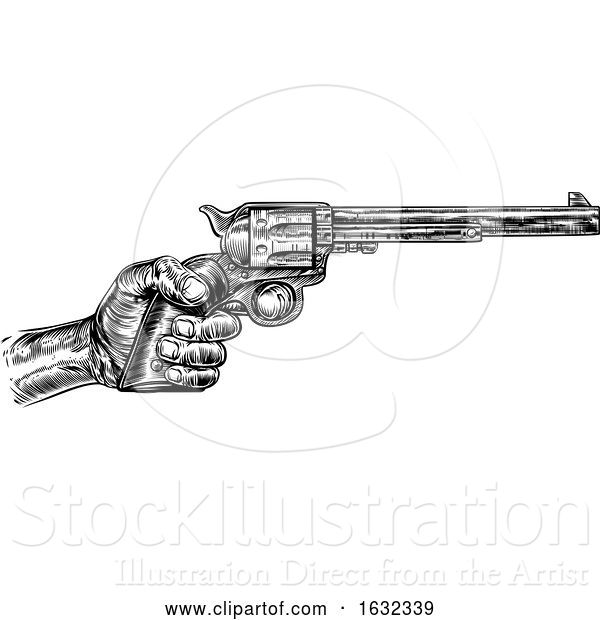 Vector Illustration of Hand Holding Western Pistol Gun Revolver