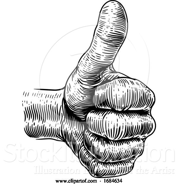 Vector Illustration of Hand Thumbs up Sign Retro Vintage Woodcut