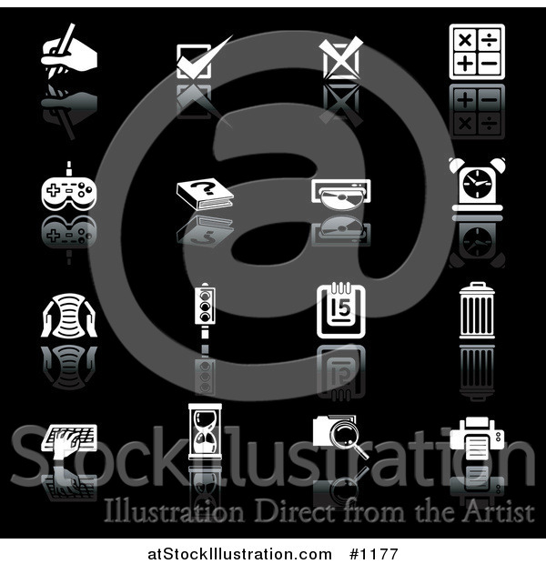 Vector Illustration of Hand Writing, Check Mark, X Mark, Math Symbols, Controller, Book, Disc, Alarm Clock, Letter, Calendar, Trash Can, Typing, Hourglass, Folder and Printer, on a Black Background