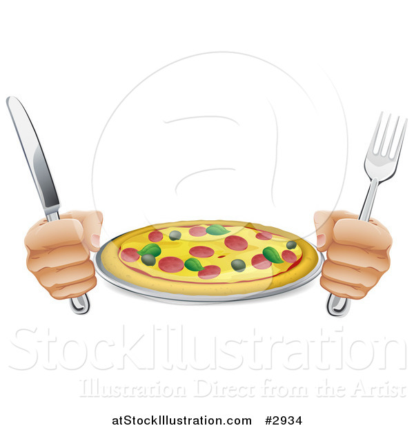 Vector Illustration of Hands Holding a Knife and Fork with a Supreme Pizza Pie