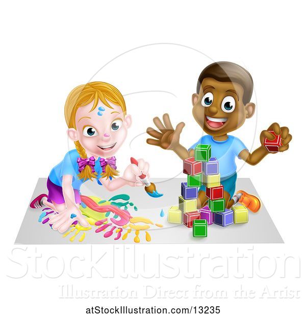 Vector Illustration of Happy Black Boy Playing with Blocks and White Girl Painting