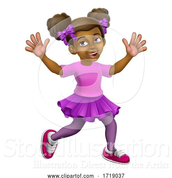 Vector Illustration of Happy Black Girl Child Kid Waving Running