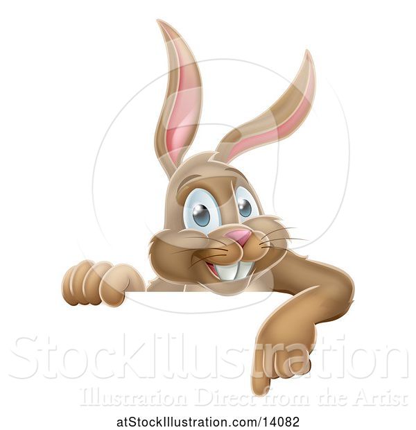 Vector Illustration of Happy Brown Easter Bunny Rabbit Pointing down over a Sign