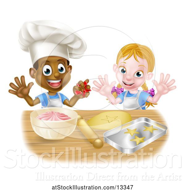 Vector Illustration of Happy Cartoon Black Boy and White Girl Baking Star Shaped Cookies