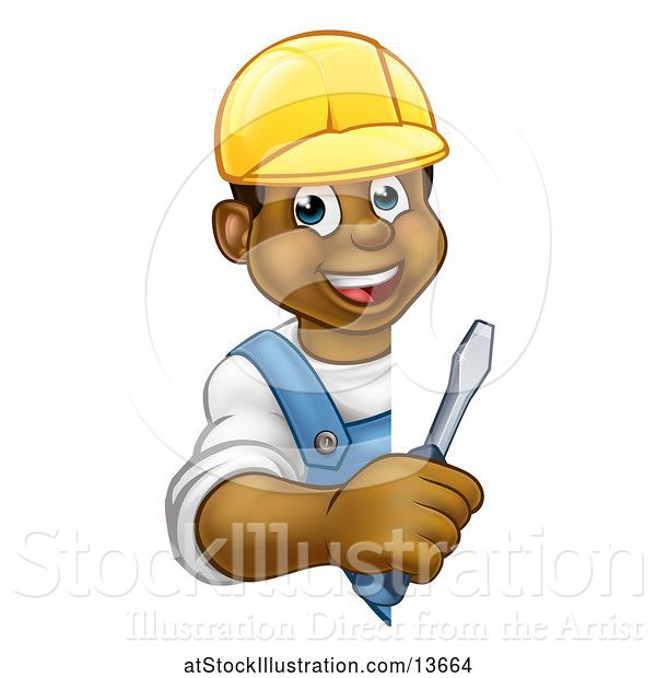 Vector Illustration of Happy Cartoon Black Male Electrician Holding a Screwdriver Around a Sign