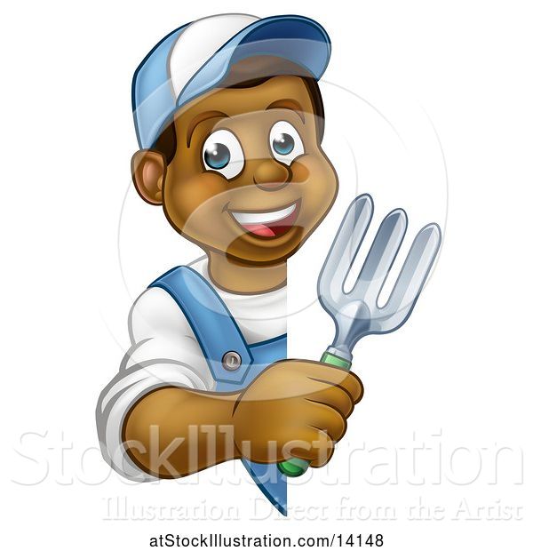 Vector Illustration of Happy Cartoon Black Male Gardener Holding a Garden Fork Around a Sign