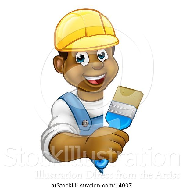 Vector Illustration of Happy Cartoon Black Male Painter Holding a Brush Around a Sign