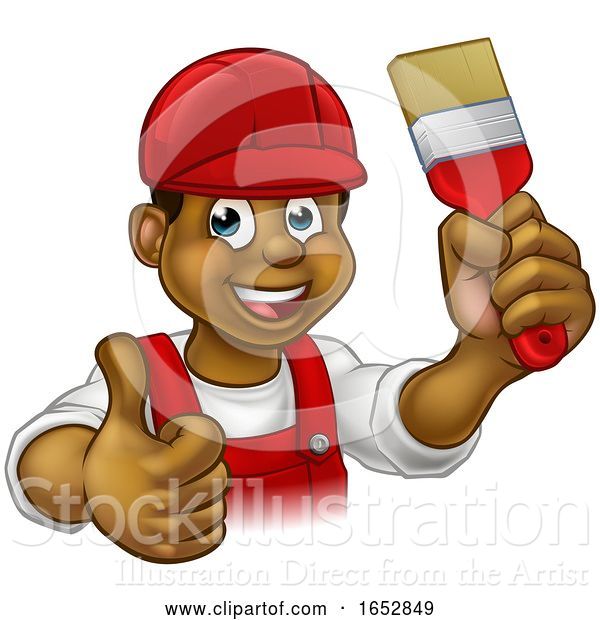 Vector Illustration of Happy Cartoon Black Male Painter Holding up a Brush and Giving a Thumb up