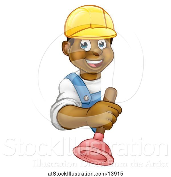 Vector Illustration of Happy Cartoon Black Male Plumber Holding a Plunger Around a Sign