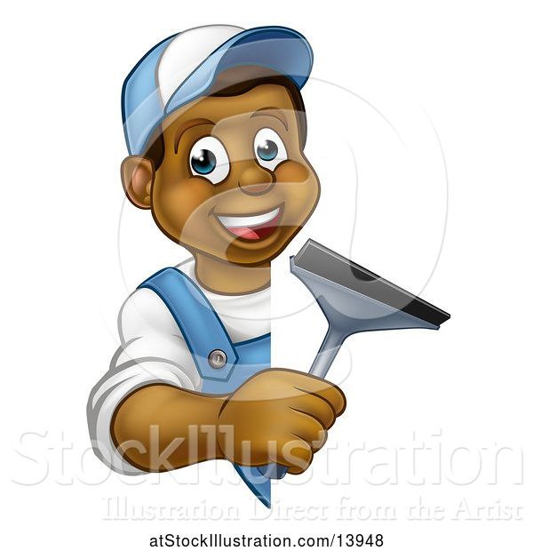 Vector Illustration of Happy Cartoon Black Male Window Cleaner Holding a Squeegee Around a Sign