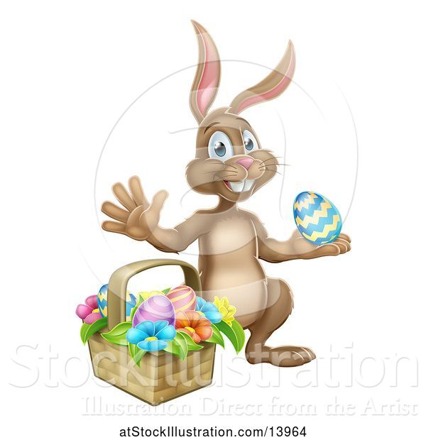 Vector Illustration of Happy Cartoon Brown Easter Bunny Rabbit with a Basket and Eggs