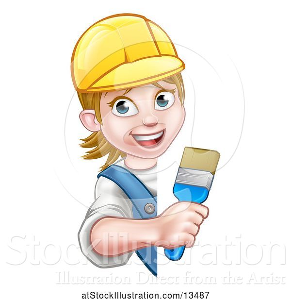 Vector Illustration of Happy Cartoon Female Painter Holding a Brush Around a Sign