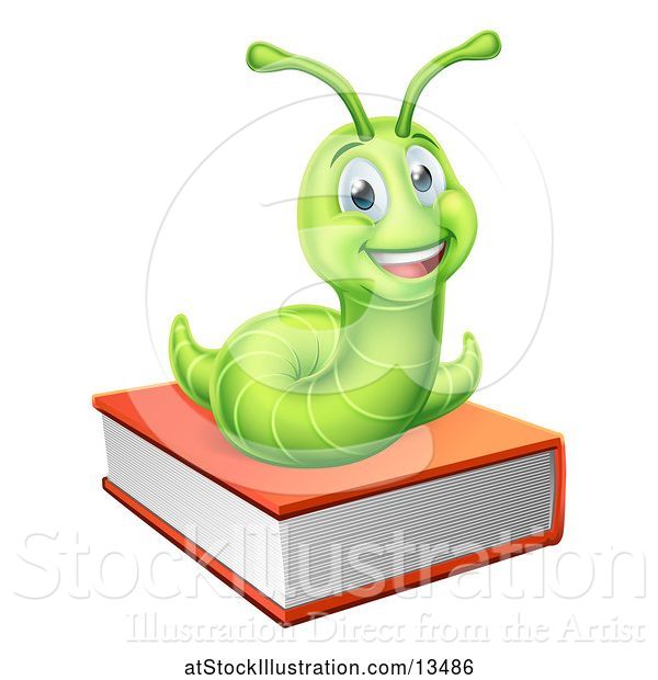 Vector Illustration of Happy Cartoon Green Worm on a Book