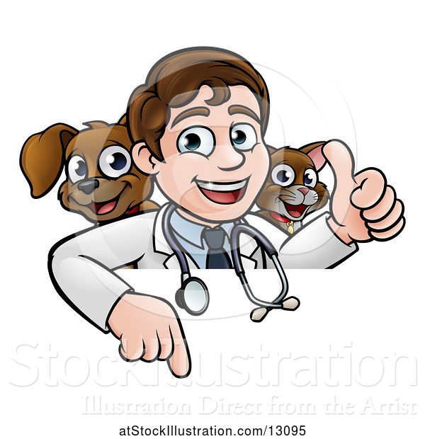 Vector Illustration of Happy Cartoon May Veterinarian with a Dog and Cat over a Sign