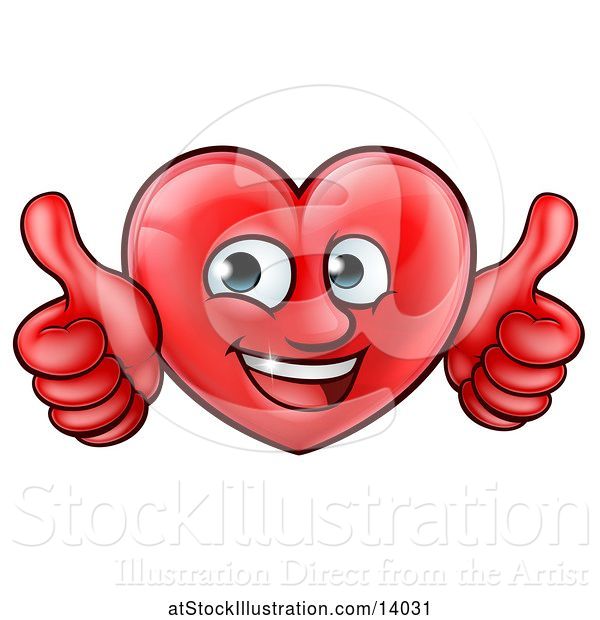 Vector Illustration of Happy Cartoon Red Love Heart Character Giving Two Thumbs up