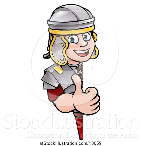 Vector Illustration of Happy Cartoon Roman Soldier Giving a Thumb up Around a Sign